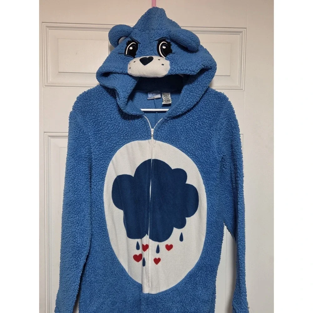 CARE BEARS Grumpy Bear Blue Fleece Full Zip One Piece Pajamas Costume Adult S
